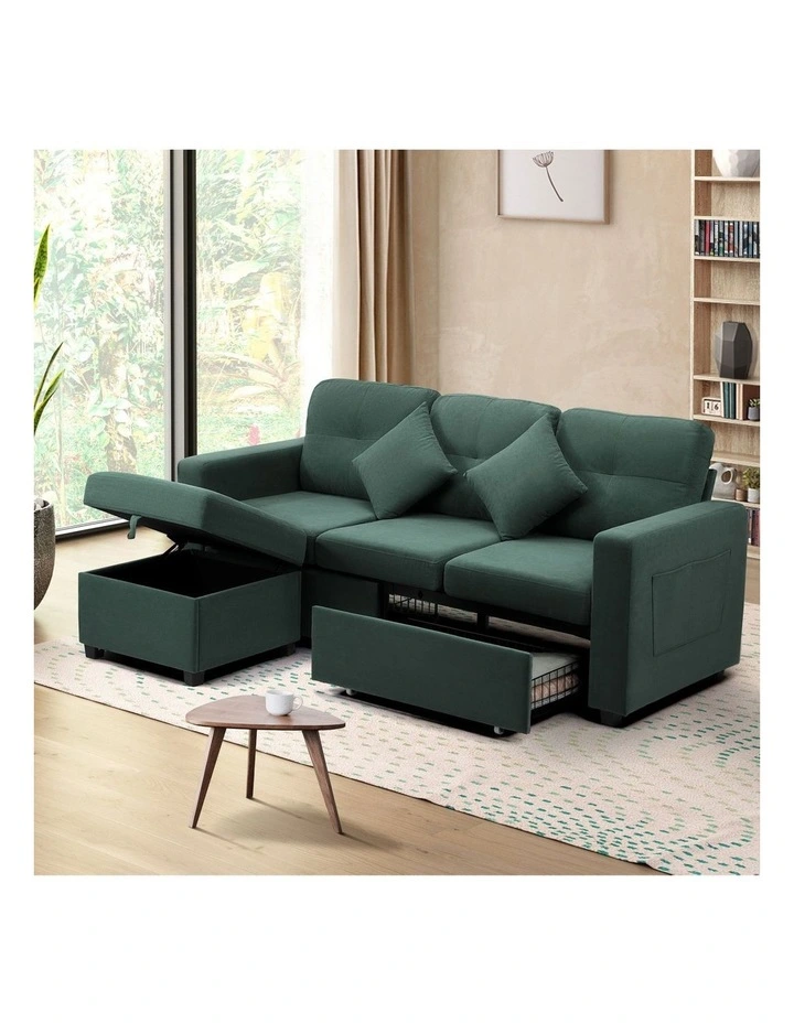 Oikiture 3 Seater Sofa Lounge Set Modular Couch Drawers&Ottoman Velvet Green image 4
