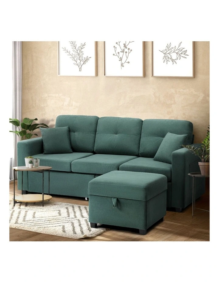 Oikiture 3 Seater Sofa Lounge Set Modular Couch Drawers&Ottoman Velvet Green image 5