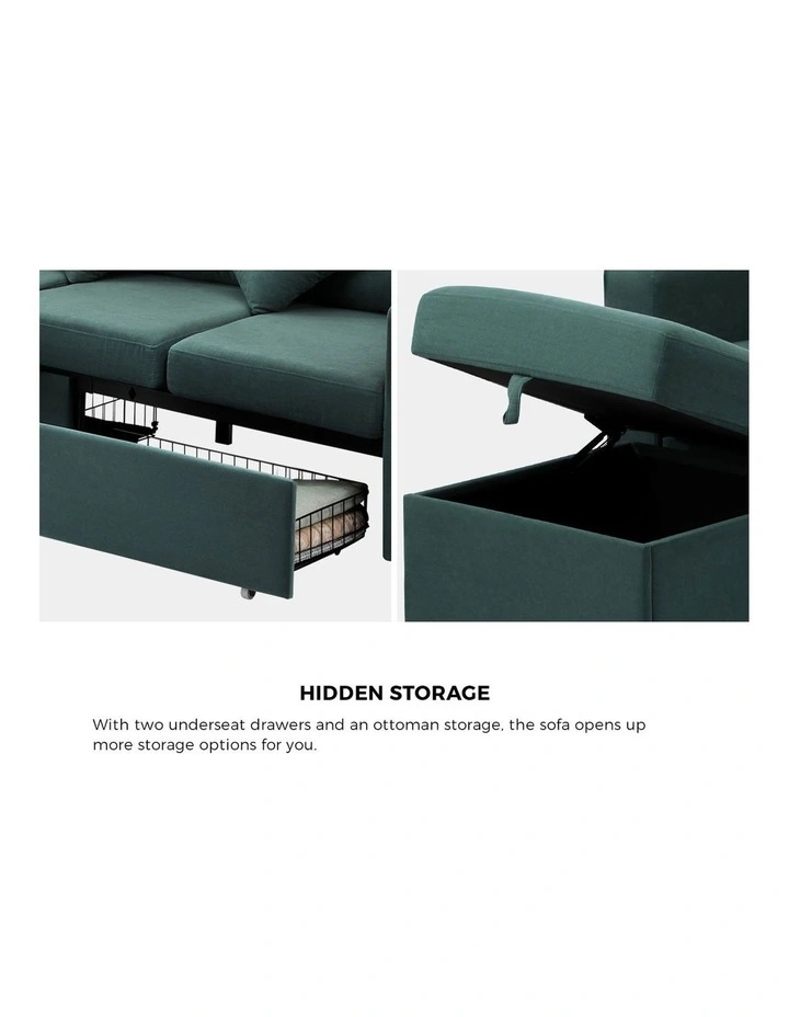 Oikiture 3 Seater Sofa Lounge Set Modular Couch Drawers&Ottoman Velvet Green image 6