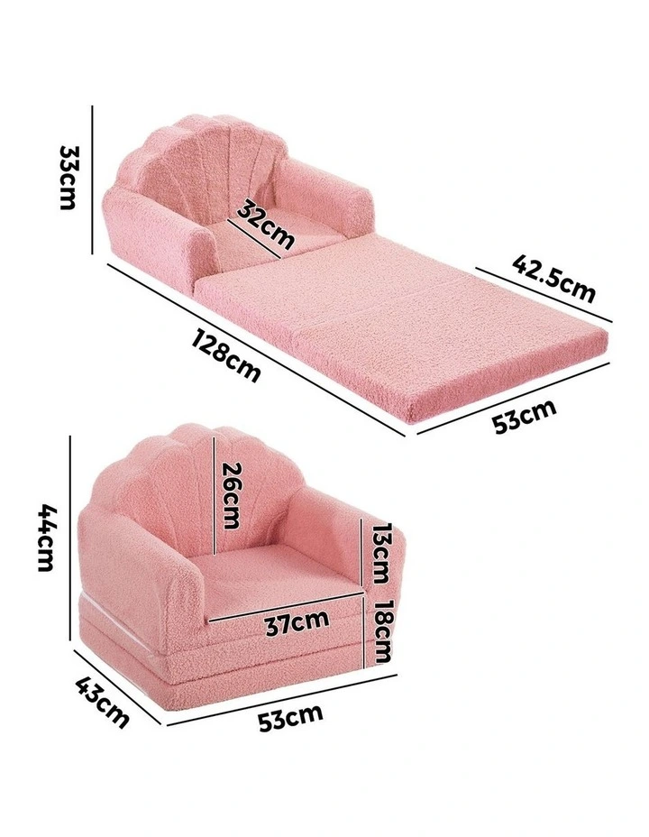 Oikiture 2-in-1 Shell Kids Fold Out Sofa Bed Sherpa Boucle Toddler Couch Pink image 3