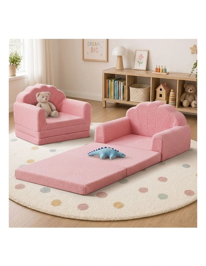 Oikiture 2-in-1 Shell Kids Fold Out Sofa Bed Sherpa Boucle Toddler Couch Pink image 4