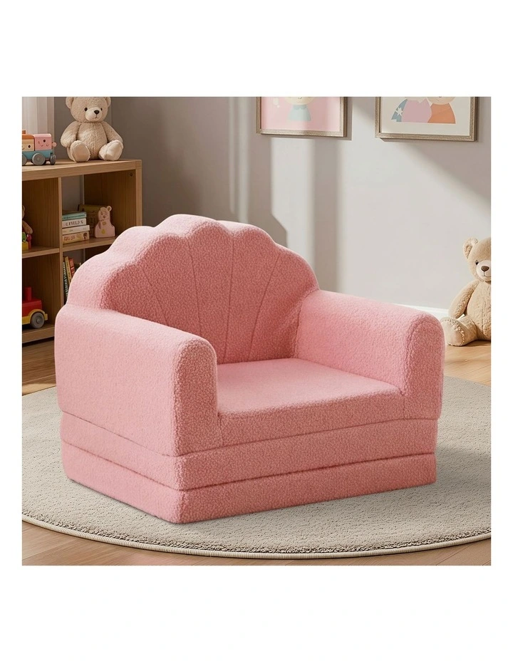Oikiture 2-in-1 Shell Kids Fold Out Sofa Bed Sherpa Boucle Toddler Couch Pink image 5