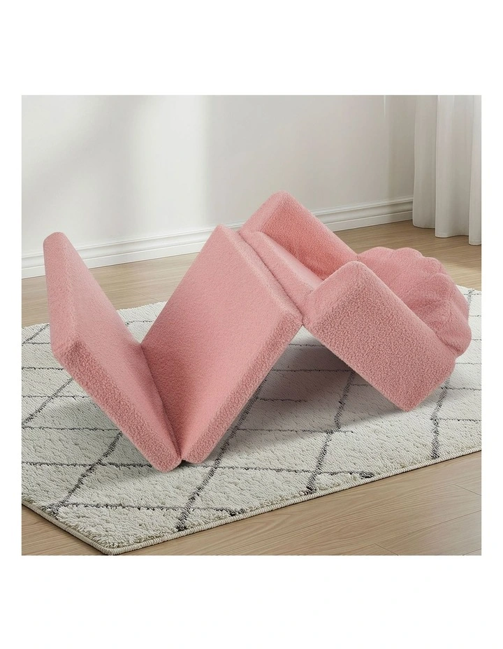 Oikiture 2-in-1 Shell Kids Fold Out Sofa Bed Sherpa Boucle Toddler Couch Pink image 6