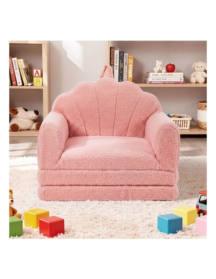 Oikiture 2-in-1 Shell Kids Fold Out Sofa Bed Sherpa Boucle Toddler Couch Pink image 7