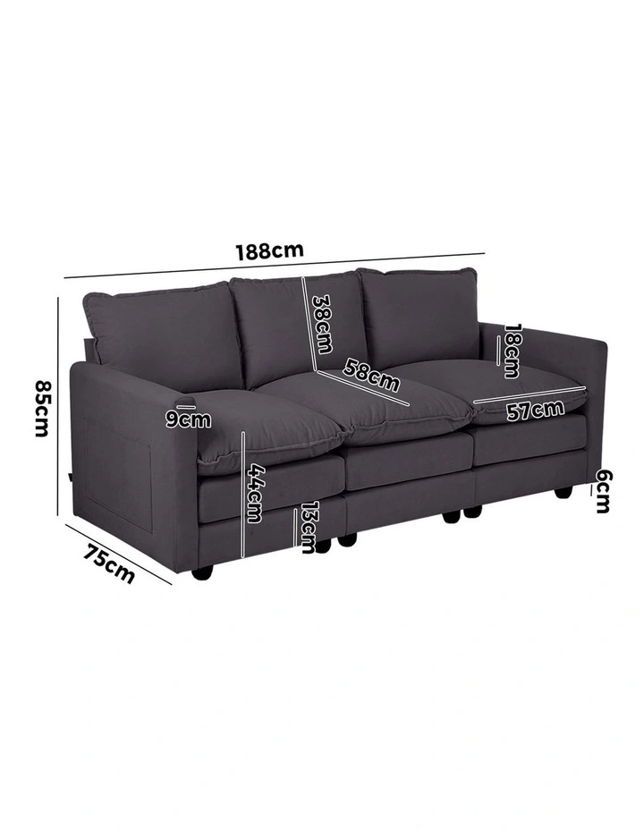 Oikiture 3 Seater Sofa Couch Lounge Extra Thick Cushion Futon Corduroy Grey image 3