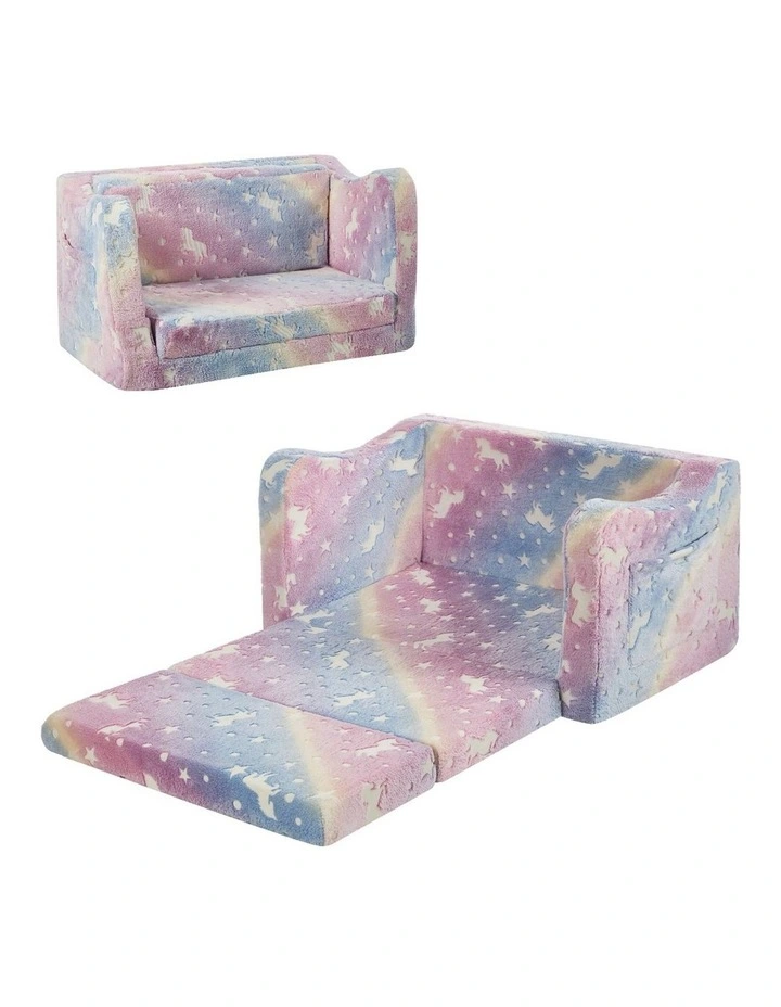 Oikiture 2-in-1 Kids Fold Out Sofa Bed Dinosaur Flannel Toddler Couch Chair Pink image 1
