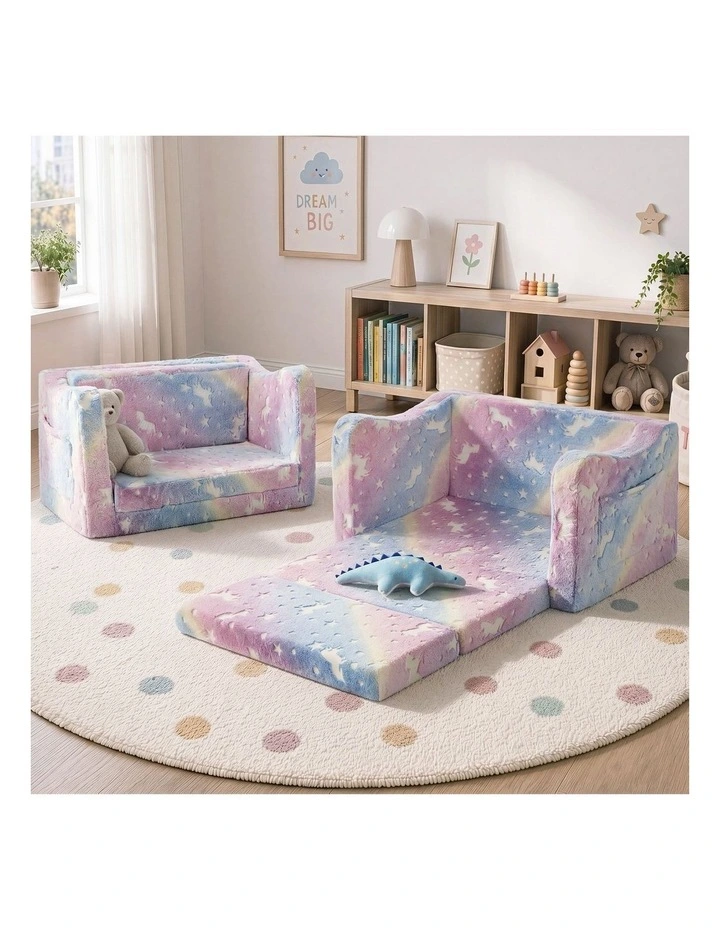 Oikiture 2-in-1 Kids Fold Out Sofa Bed Dinosaur Flannel Toddler Couch Chair Pink image 4