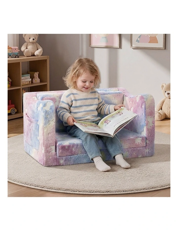 Oikiture 2-in-1 Kids Fold Out Sofa Bed Dinosaur Flannel Toddler Couch Chair Pink image 5