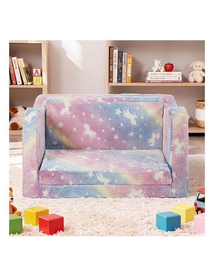 Oikiture 2-in-1 Kids Fold Out Sofa Bed Dinosaur Flannel Toddler Couch Chair Pink image 7