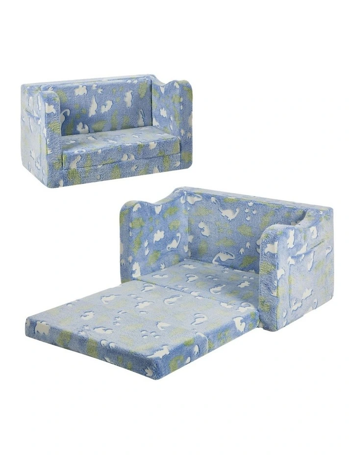 Oikiture 2-in-1 Kids Fold Out Sofa Bed Dinosaur Flannel Toddler Couch Chair Blue image 1