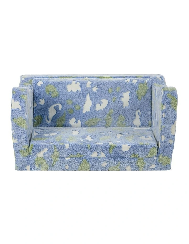 Oikiture 2-in-1 Kids Fold Out Sofa Bed Dinosaur Flannel Toddler Couch Chair Blue image 2