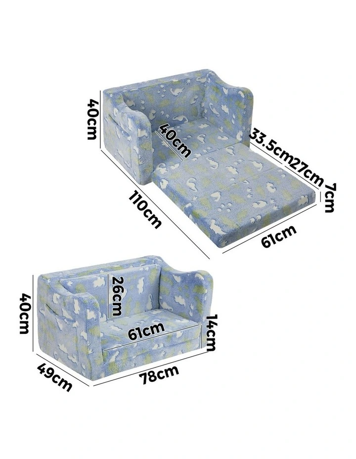 Oikiture 2-in-1 Kids Fold Out Sofa Bed Dinosaur Flannel Toddler Couch Chair Blue image 3