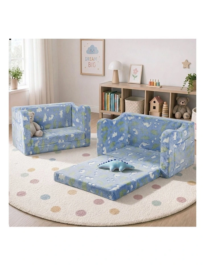 Oikiture 2-in-1 Kids Fold Out Sofa Bed Dinosaur Flannel Toddler Couch Chair Blue image 4