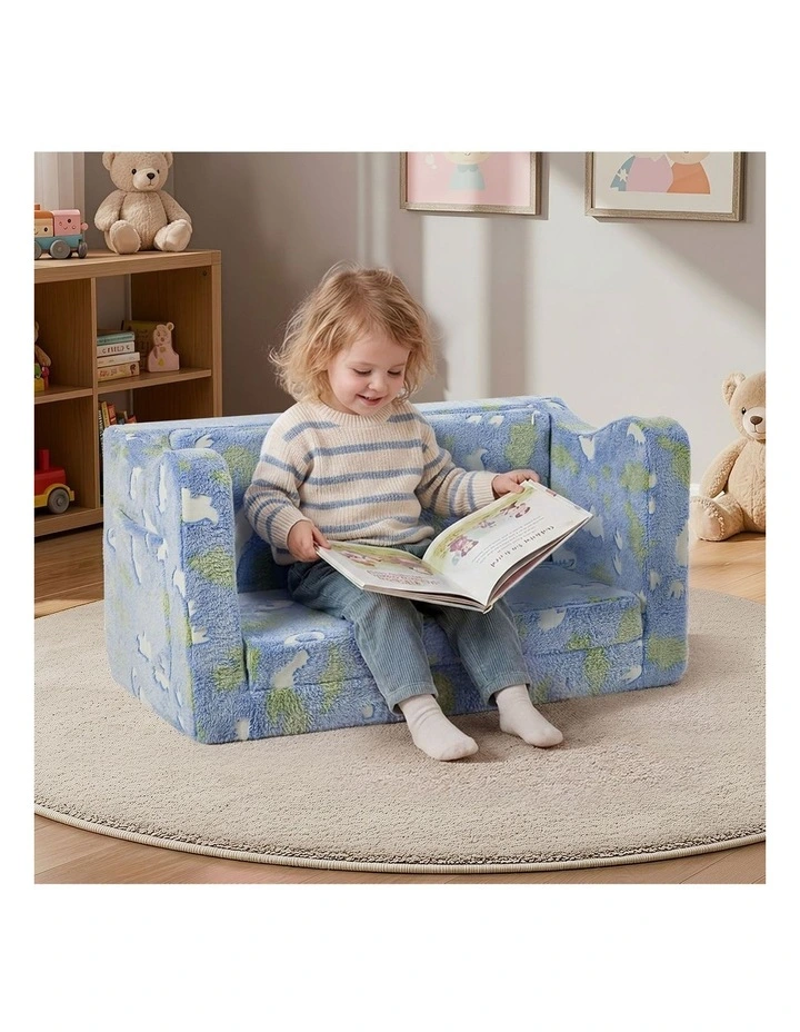 Oikiture 2-in-1 Kids Fold Out Sofa Bed Dinosaur Flannel Toddler Couch Chair Blue image 5