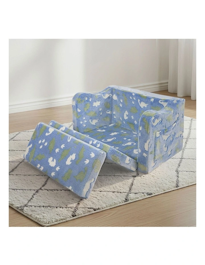 Oikiture 2-in-1 Kids Fold Out Sofa Bed Dinosaur Flannel Toddler Couch Chair Blue image 6