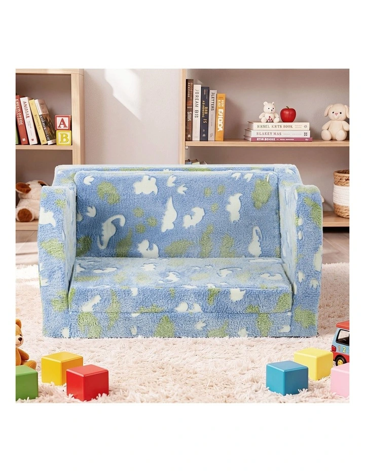 Oikiture 2-in-1 Kids Fold Out Sofa Bed Dinosaur Flannel Toddler Couch Chair Blue image 7