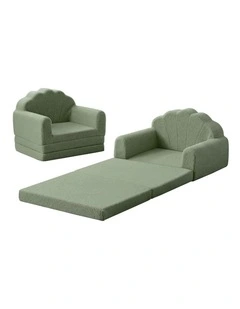 Oikiture 2-in-1 Shell Kids Fold Out Sofa Bed Sherpa Boucle Toddler Couch Green