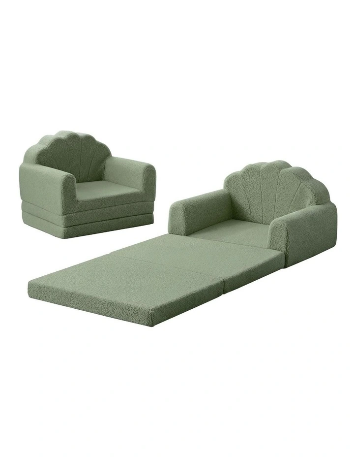 Oikiture 2-in-1 Shell Kids Fold Out Sofa Bed Sherpa Boucle Toddler Couch Green image 1