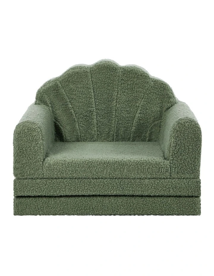 Oikiture 2-in-1 Shell Kids Fold Out Sofa Bed Sherpa Boucle Toddler Couch Green image 2