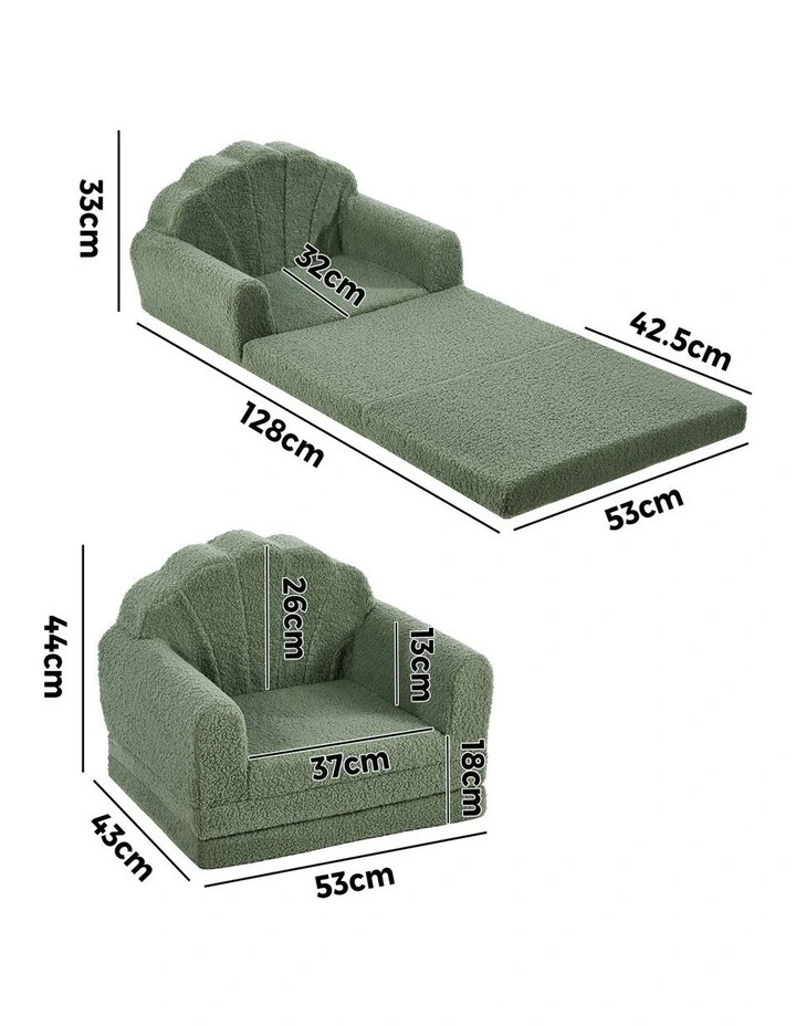 Oikiture 2-in-1 Shell Kids Fold Out Sofa Bed Sherpa Boucle Toddler Couch Green image 3