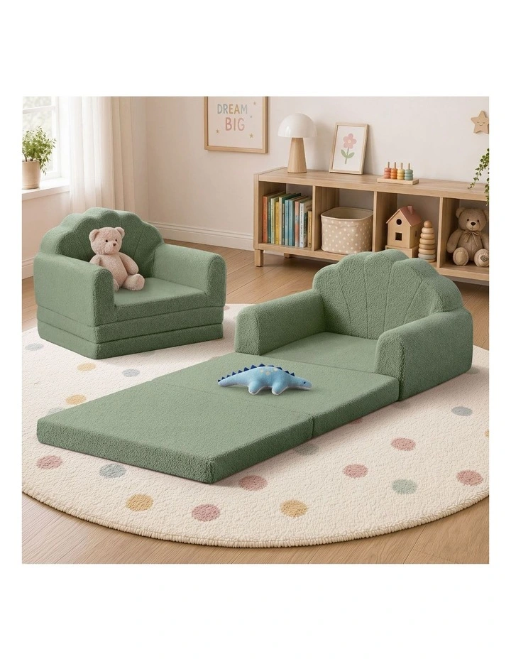 Oikiture 2-in-1 Shell Kids Fold Out Sofa Bed Sherpa Boucle Toddler Couch Green image 4