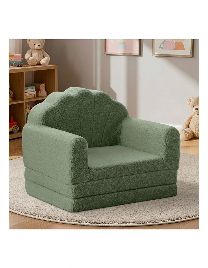 Oikiture 2-in-1 Shell Kids Fold Out Sofa Bed Sherpa Boucle Toddler Couch Green image 5