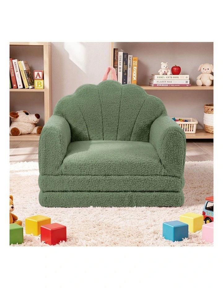 Oikiture 2-in-1 Shell Kids Fold Out Sofa Bed Sherpa Boucle Toddler Couch Green image 7