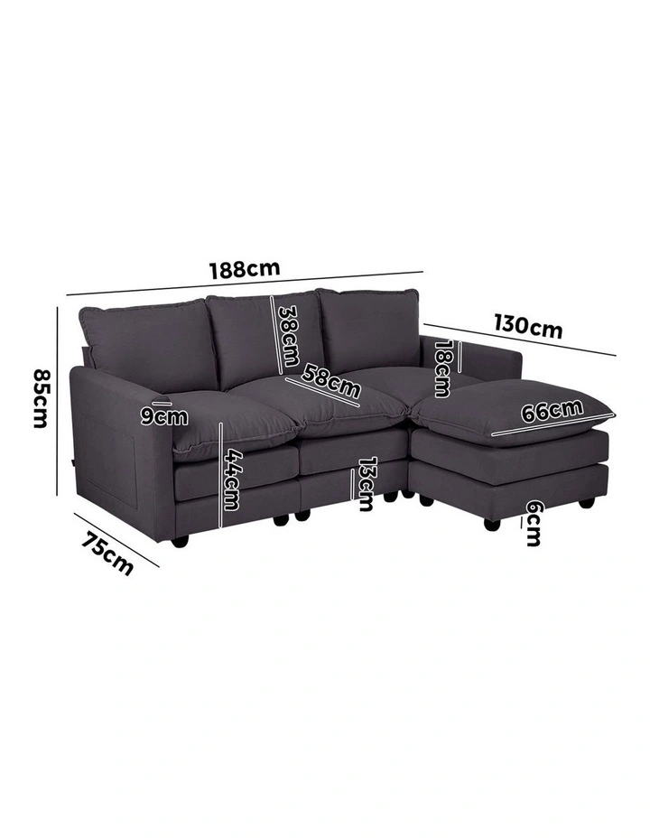 Oikiture Sofa Set Modular Couch Ottoman Lounge Extra Thick Cushion Grey image 3