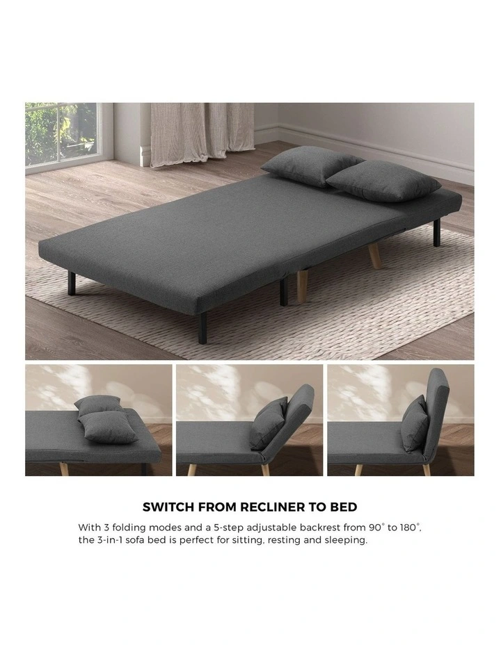 Oikiture Sofa Bed Lounge Chair Linen Fabric Recliner Wood Leg Double Seat Grey image 6