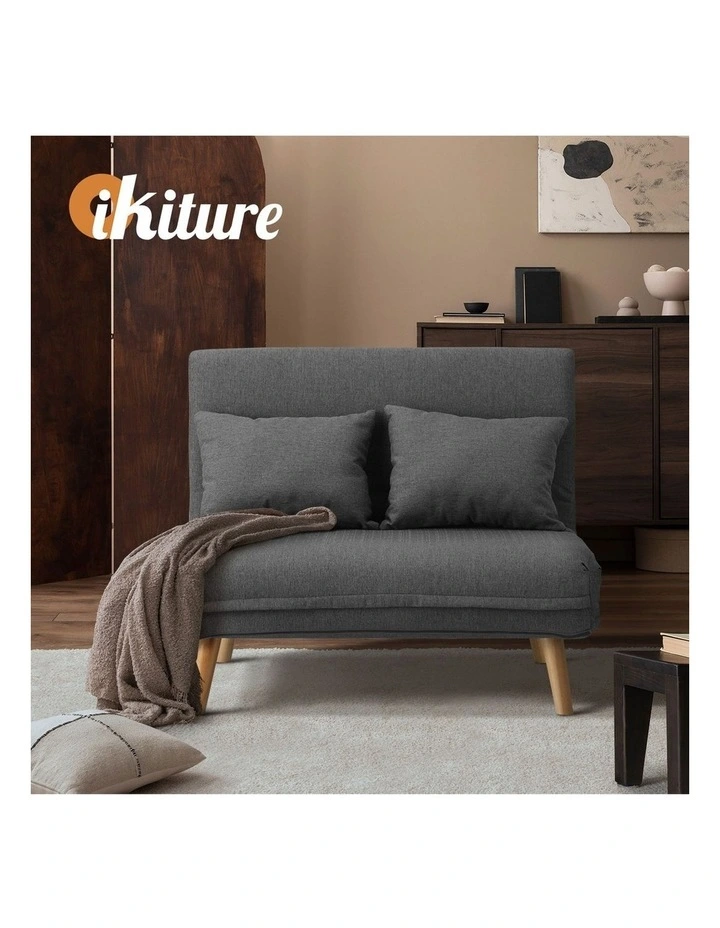 Oikiture Sofa Bed Lounge Chair Linen Fabric Recliner Wood Leg Double Seat Grey image 7