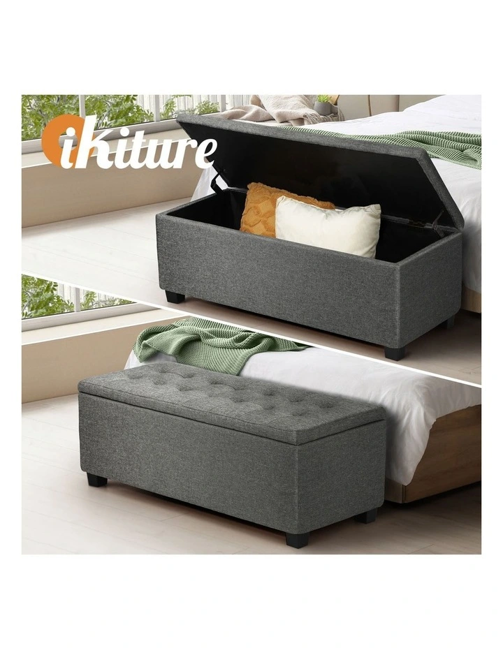 Oikiture Storage Ottoman Blanket Box Faux Linen Chest Toy Foot Stool LARGE Grey image 4
