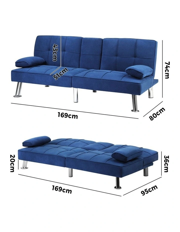 Oikiture Sofa Bed Lounge 3 Seater Couch Recliner Sofabeds Cup Holder Velvet Blue image 3