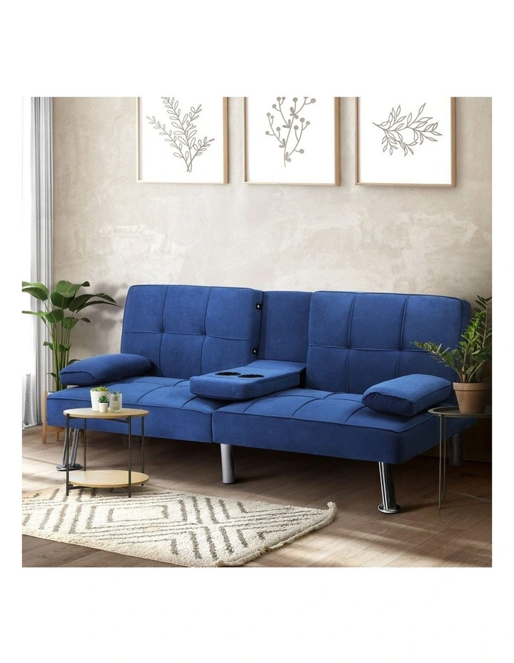 Oikiture Sofa Bed Lounge 3 Seater Couch Recliner Sofabeds Cup Holder Velvet Blue image 4