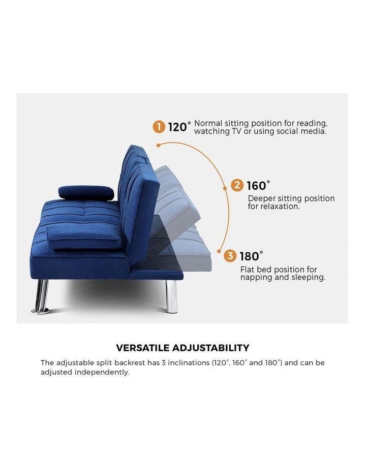 Oikiture Sofa Bed Lounge 3 Seater Couch Recliner Sofabeds Cup Holder Velvet Blue image 6