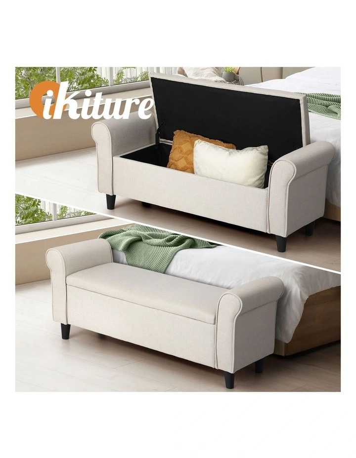 Oikiture Storage Ottoman Blanket Box Linen Fabric Arm Foot Stool Couch Large image 4
