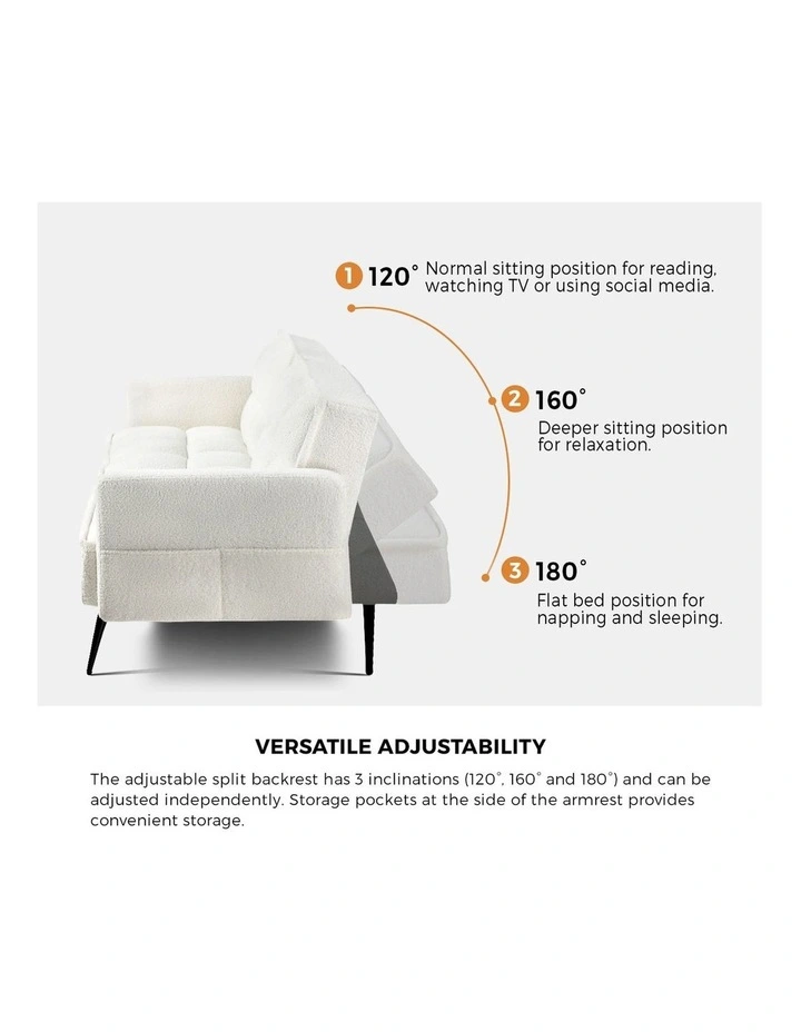 Oikiture 3-Seater Sofa Bed Convertible Boucle Sherpa Lounge Couch Recliner White image 6
