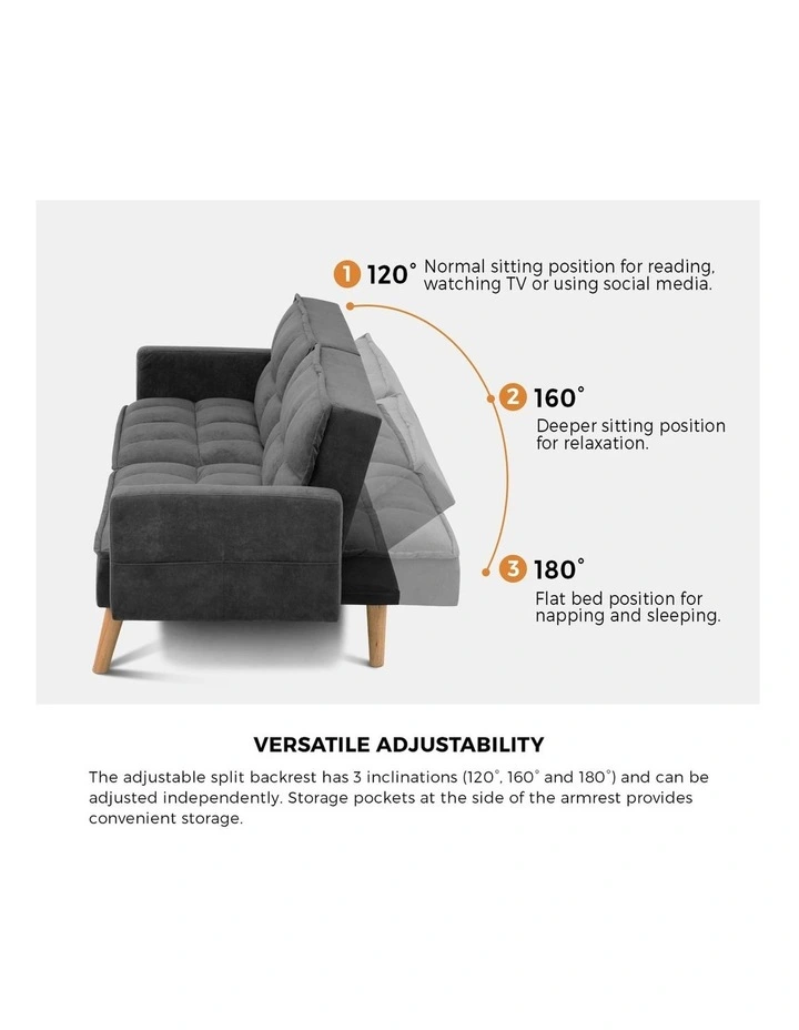 Oikiture Sofa Bed Futon Convertible Velvet Lounge Couch 3-Seater Recliner Grey image 6
