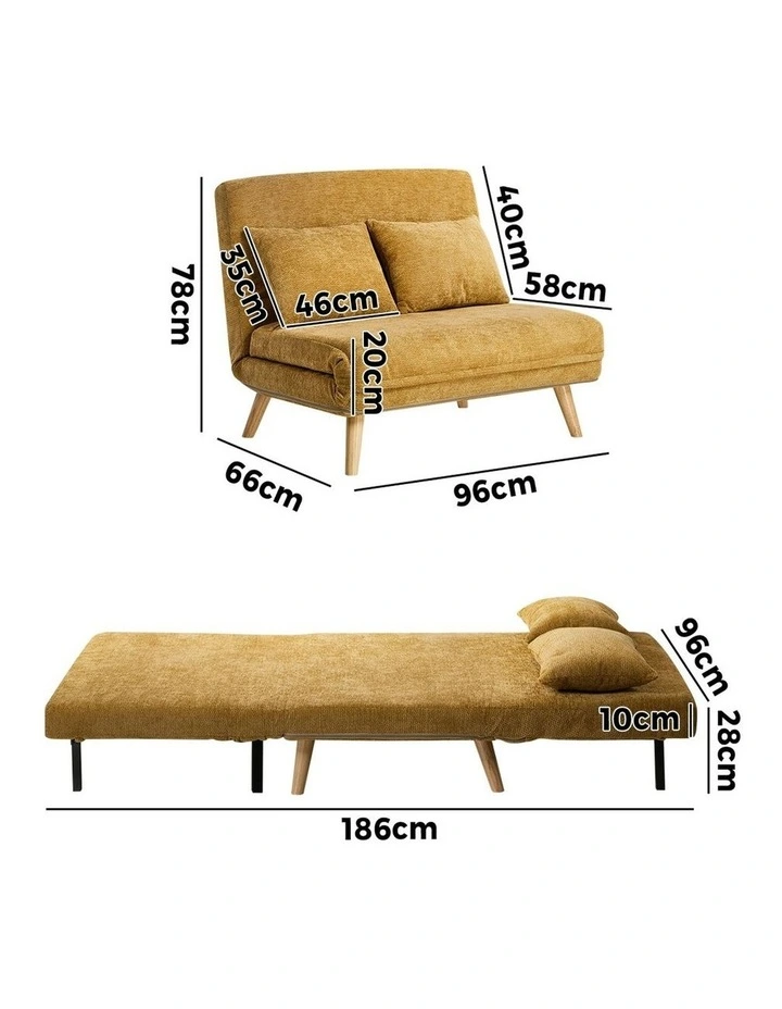 Oikiture 2 Seater Folding Sofa Bed Lounge Chenille Recliner Love Seat Yellow image 3