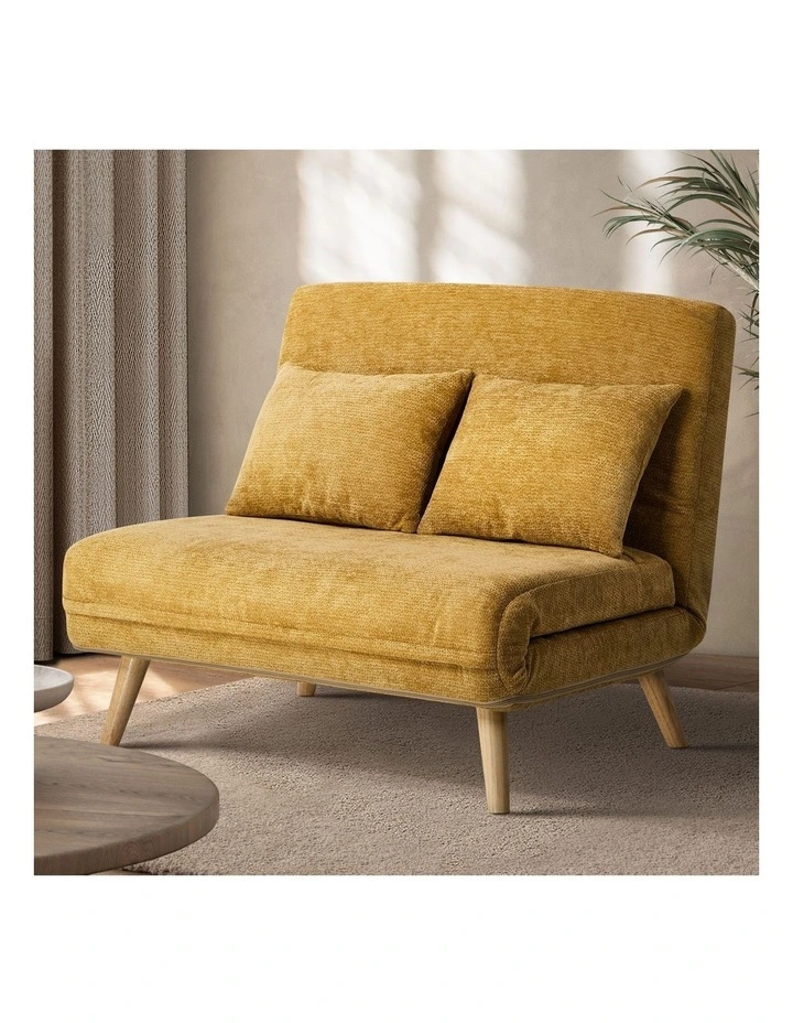 Oikiture 2 Seater Folding Sofa Bed Lounge Chenille Recliner Love Seat Yellow image 4
