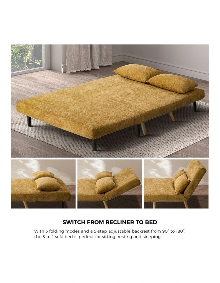 Oikiture 2 Seater Folding Sofa Bed Lounge Chenille Recliner Love Seat Yellow image 6
