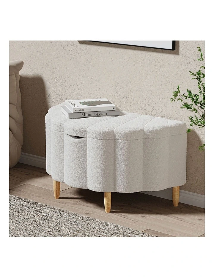 Oikiture Storage Ottoman Scallop Boucle Blanket Box Fleece Foot Stool Seat Chest image 4