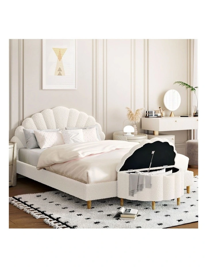 Oikiture Storage Ottoman Scallop Boucle Blanket Box Fleece Foot Stool Seat Chest image 6