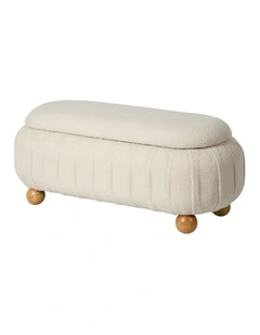 Oikiture 103cm Teddy Boucle Storage Ottoman Oval Bench Chest Ball Legs Beige
