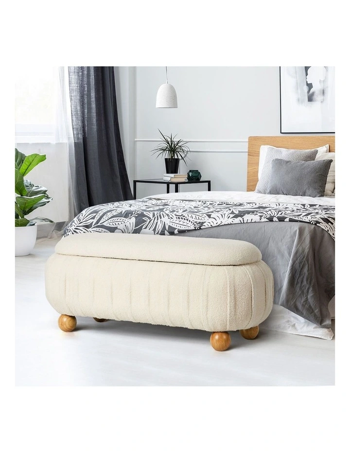 Oikiture 103cm Teddy Boucle Storage Ottoman Oval Bench Chest Ball Legs Beige image 5