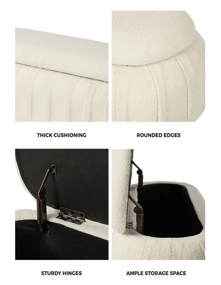 Oikiture 103cm Teddy Boucle Storage Ottoman Oval Bench Chest Ball Legs Beige image 6
