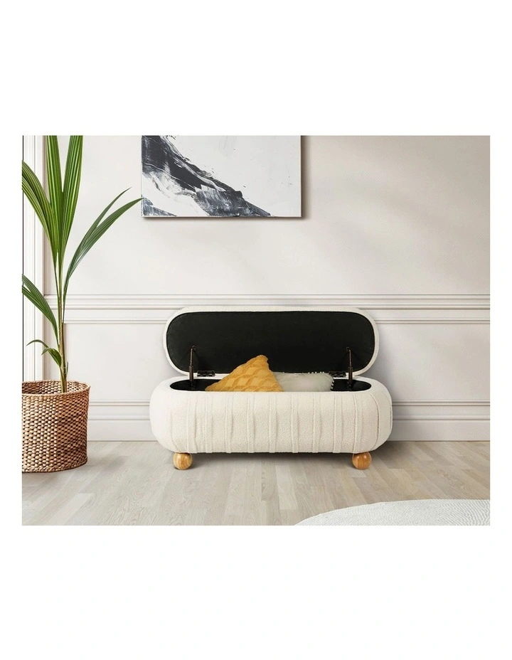 Oikiture 103cm Teddy Boucle Storage Ottoman Oval Bench Chest Ball Legs Beige image 7
