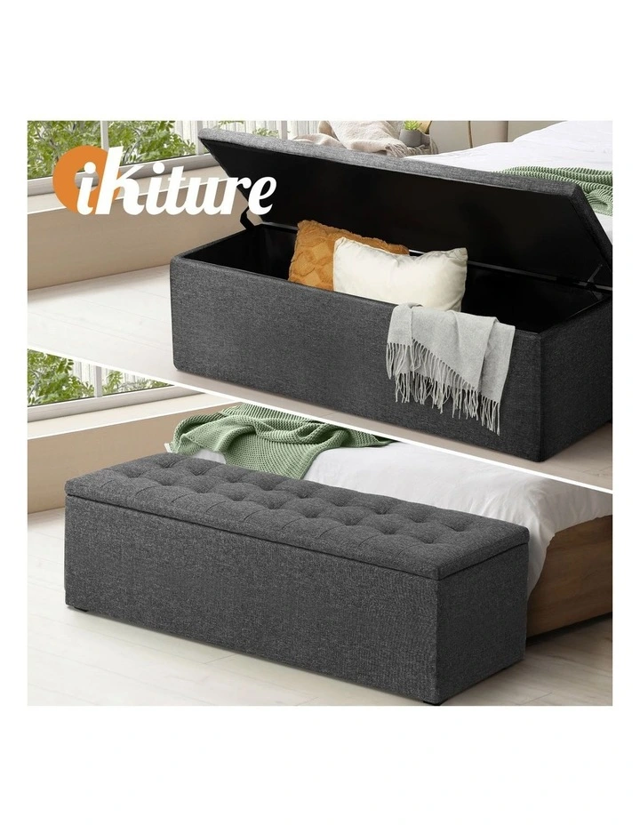 Oikiture Storage Ottoman Blanket Box Foot Stool XL Chest Toy Faux Linen Grey image 4