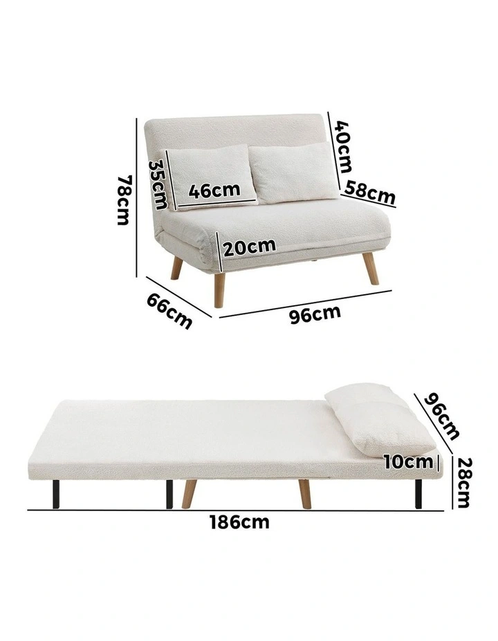 Oikiture Sofa Bed Lounge Chair Sherpa Fabric Recliner Wood Leg Double Seat White image 3