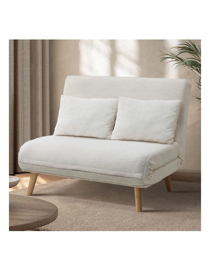 Oikiture Sofa Bed Lounge Chair Sherpa Fabric Recliner Wood Leg Double Seat White image 4