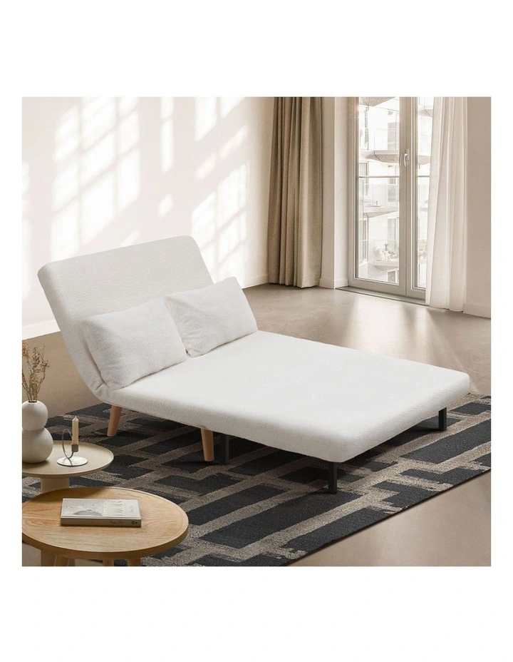 Oikiture Sofa Bed Lounge Chair Sherpa Fabric Recliner Wood Leg Double Seat White image 5